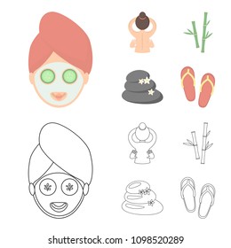 Face with a cosmetic mask with cucumbers, massage hands, bamboo, stones with lotus flowers. Spa set collection icons in cartoon,outline style vector symbol stock illustration web.