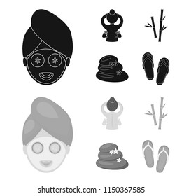 Face with a cosmetic mask with cucumbers, massage hands, bamboo, stones with lotus flowers. Spa set collection icons in black,monochrom style vector symbol stock illustration web.