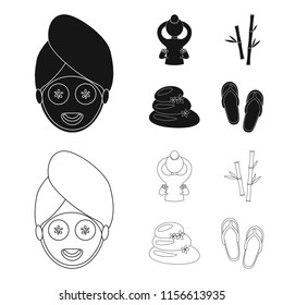 Face with a cosmetic mask with cucumbers, massage hands, bamboo, stones with lotus flowers. Spa set collection icons in black,outline style vector symbol stock illustration web.