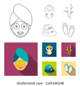 Face with a cosmetic mask with cucumbers, massage hands, bamboo, stones with lotus flowers. Spa set collection icons in outline,flat style vector symbol stock illustration web.