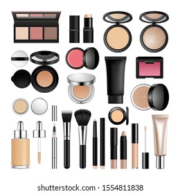 Face cosmetic products vector collection. Make-up compact and loose powder, highlighter, contour palette, cushion, foundation bottle, blush round container, concealer tube, brushes, tools.