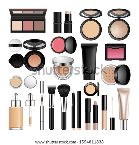 Face cosmetic products vector collection. Make-up compact and loose powder, highlighter, contour palette, cushion, foundation bottle, blush round container, concealer tube, brushes, tools.