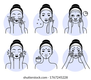 Face cosmetics set. Isolated woman cleansing, washing, massaging face and applying facial mask cosmetic, cream to skin line drawing icons. Vector lady beauty face skincare treatment, hygiene routine