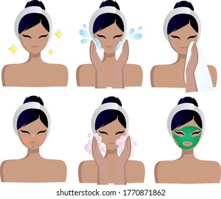 Face cosmetics set. Isolated woman cleansing, washing, massaging face and applying facial mask cosmetic, cream. Vector lady beauty face set
