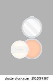 Enfrentar cosméticos. Polvo de cara vectora con almohada en un recipiente compacto de color gris redondo aislado sobre fondo gris. Cosméticos decorativos para mujeres. Maquillaje.