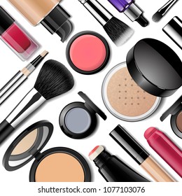 Face cosmetics vector realistic background. Face compact and loose powder in black plastic case, foundation bottle, concealer tube, makeup brush, eyeshadow, nail lacquer, blush and essence.