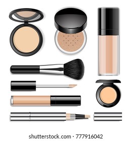 Face cosmetics vector realistic set. Face compact and loose powder in black plastic case, foundation bottle, concealer tube, big make up brush.