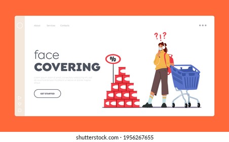 Face Covering Landing Page Template. Young Woman Customer Character Wearing Mask Visit Grocery or Supermarket Choose Goods near Shopping Trolley. Girl Choose Products. Cartoon Vector Illustration
