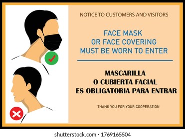 Face covering required sign and symbol for Spain. MASCARILLA O CUBIERTA FACIAL ES OBLIGATORIA PARA ENTRAR ("Face mask or face covering must be worn to enter" in Spanish).  Wear mask sign and symbol .