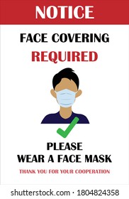 Face covering required sign. Wear mask sign. The mandatory sign for wearing mask for business. COVID-19 Safety sign. Poster wear a mask icon. Wearing mask. Warning board for Coronavirus. COVID-19