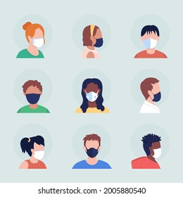 Face covering semi flat color vector character avatar with mask set. Portrait with respirator from front and side view. Isolated modern cartoon style illustration for graphic design and animation pack