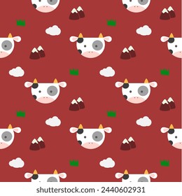 Face cow cartoon so cute. On grass mountain cloud red background. Pattern seamless vector illustration. 