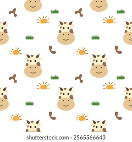 Face cow cartoon so cute. On grass sun white background. Pattern seamless vector illustration. 