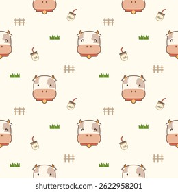 Face cow cartoon so cute. On fence grass milk background. Pattern seamless vector illustration. 