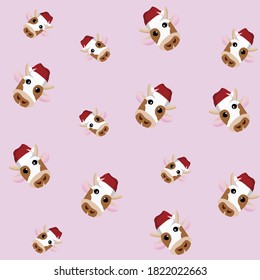 The face of a cow in a New Year's cap on a pink background pattern. Suitable for covers, cases, backgrounds. bull of 2021. Horoscope, Zodiac. Vector illustration