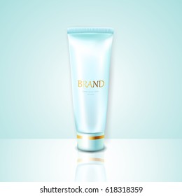 Face cream ads, blue plastic tube in vector realistic illustration for ads. Moisturizing cosmetic ad.