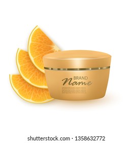 Face cream based on oranges, realistic cream on orange slices background. Vector 3d illustration