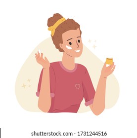 Face cream, beauty skin care. Cute young woman applying moisturizing cream on her face. Everyday personal care, skincare daily routine, hygienic procedure. Flat cartoon colorful vector illustration.