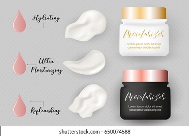 Face cream black and white jars, white creamy swatches and advertisement text, vector illustration. Realistic cosmetics skincare concept, lotion serum texture, bottles.