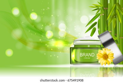 Face Cream Bottle Design Cosmetics Product Bottle with Flowers Chamomile Template for Ads, Announcement Sale, Promotion New Product or Magazine Background. 3D Realistic Vector Iillustration. EPS10