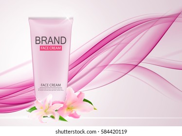 Face Cream Bottle Tube Template for Ads or Magazine Background. 3D Realistic Vector Iillustration. EPS10