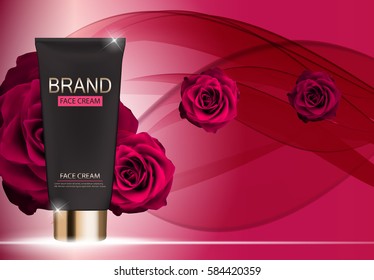 Face Cream Bottle Tube Template for Ads or Magazine Background. 3D Realistic Vector Iillustration. EPS10