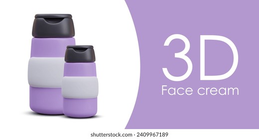 Face cream concept. Realistic plastic bottles of different sizes. White label, place for name, logo. Color mockup for online stores of care cosmetics, personal hygiene products