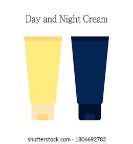 Face cream, day and night in a tube. Vector flat illustration isolated on white background. Two jars of natural face cream, night moisturizing cream and day protective cream in a blue and yellow tube.