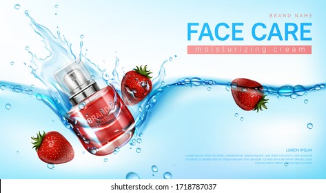 Face cream in glass jar in water splash with strawberries. Vector realistic brand poster with moisturizing skin care gel or makeup cosmetics in red bottle. Promo banner, advertising background