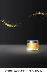 Face cream gold package jar design on black background, advertising vector with space for text