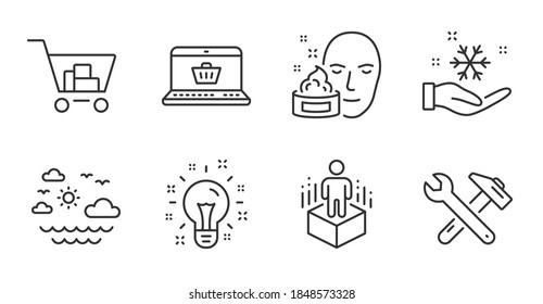 Face cream, Idea and Online shopping line icons set. Augmented reality, Spanner tool and Internet shopping signs. Freezing, Travel sea symbols. Gel, Creativity, Virtual reality. Business set. Vector