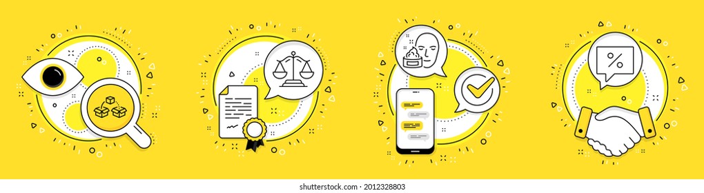 Face Cream, Justice Scales And Parcel Shipping Line Icons Set. Licence, Cell Phone And Deal Vector Icons. Discount Message Sign. Gel, Judgement, Send Box. Special Offer. Business Set. Vector