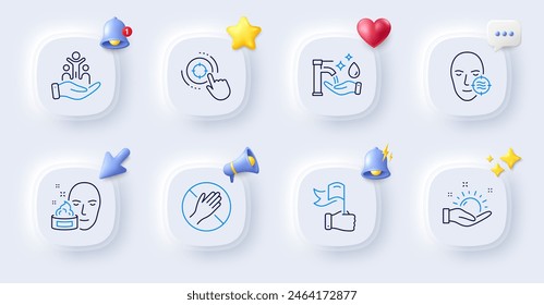 Gesichtscreme, Leadership und Sunny Wetter Line Icons. Buttone mit 3D-Klingel, Chat-Sprache, Cursor. Pack zum Händewaschen, Seo-Ziel, Inklusionssymbol. Nicht berühren, Problem Haut Piktogramm. Vektorgrafik