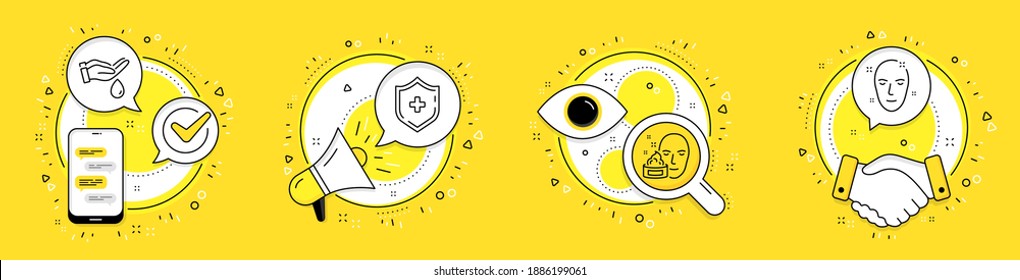 Face Cream, Medical Shield And Wash Hands Line Icons Set. Cell Phone, Megaphone And Deal Vector Icons. Health Skin Sign. Gel, Medicine Protection, Skin Care. Clean Face. Healthcare Set. Vector