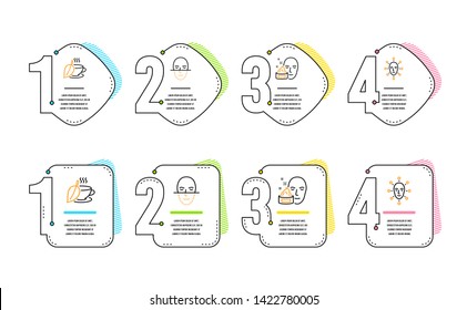 Face cream, Mint tea and Face recognition icons simple set. Gel, Mentha beverage, Faces biometrics. Facial recognition. Medical set. Infographic timeline. Line face cream icon. 4 options or steps