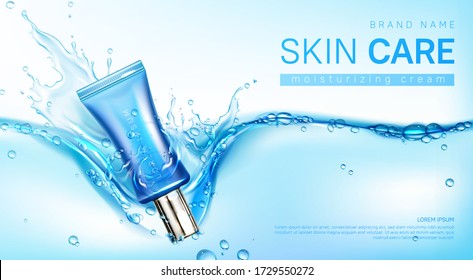 Face cream package in water splash. Vector realistic brand poster with moisturizing skincare gel or makeup cosmetics in blue tube falling in water surface. Promo banner, advertising background