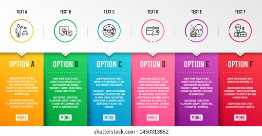 Face cream, Payment methods and Algorithm icons simple set. Idea lamp, Targeting and Businessman case signs. Gel, Wallet cash. Business set. Infographic template. 6 steps timeline. Business options