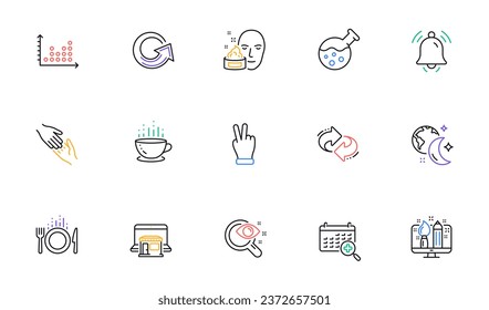 Face cream, Refresh and Food line icons for website, printing. Collection of Notification bell, Medical calendar, Marketplace icons. Sleep, Chemistry lab, Vision test web elements. Vector