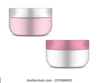 Face cream round jar with screw cap, realistic illustration. Cosmetic skincare product container, vector template