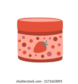 Face cream with strawberry on the label, or jar with a strawberry jam, isolated on white, vector Icon. Flat cartoon illustration, clipart.