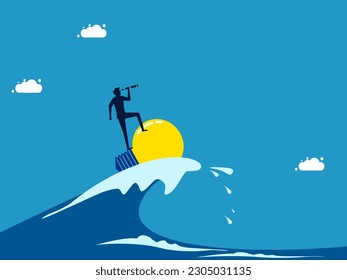 Face crises with vision and knowledge. man surfing the ocean waves with a light bulb
