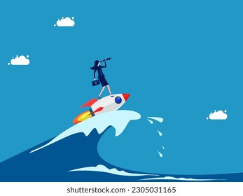 Face the crisis with vision and innovation. Businesswoman surfing ocean waves with rocket
