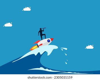 Face the crisis with vision and innovation. man surfing ocean waves with rocket