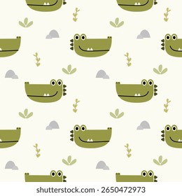 Caricatura de crocodilo de rosto tão fofo. No fundo de grama rock. Ilustração de vetor uniforme de padrão. 