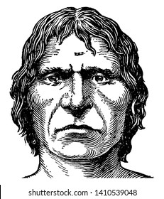 Face of Cro-Magnon man, vintage line drawing or engraving illustration svg