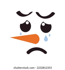 Face of crying snowman on white background