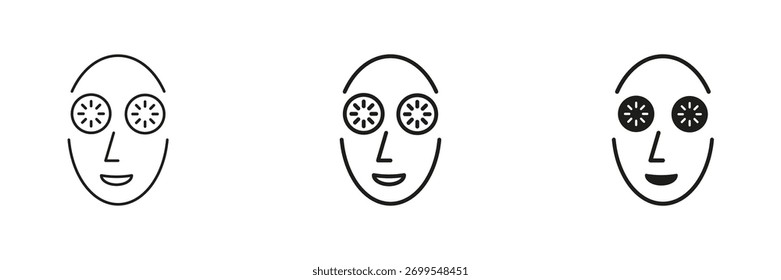 Rosto Com Fatias De Pepino Em Linha, Contorno E Conjunto De Ícones De Glifos. Relaxamento, Tratamento De Spa E Coleção De Símbolos De Autocuidado. Beleza E Bem-Estar. Ilustração de vetor isolada.