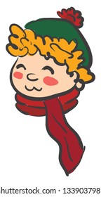 Cara de un niño de cabello rizado que usa sombrero verde con pompom y dibujo de color vectorial de la bufanda de color rojo o ilustración 