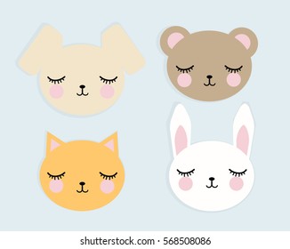 Face of cute animals with eyes closed, vector image