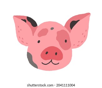 Face of cute baby mini pig. Funny happy piglets head portrait. Adorable piggy snout. Amusing farm animal avatar in doodle style. Flat vector illustration isolated on white background